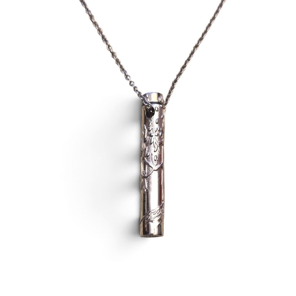 Silver Tone Floral Embossed Tube Pendant Necklace 24" Signed Logo Botanical
